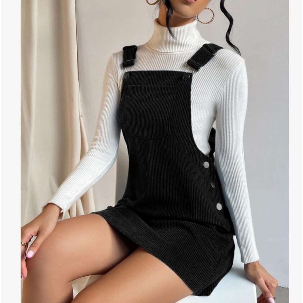 Classic Elegant Corduroy Solid Pocket Jumper Overall Dress Without Sweater BLACK - Picture 7 of 13